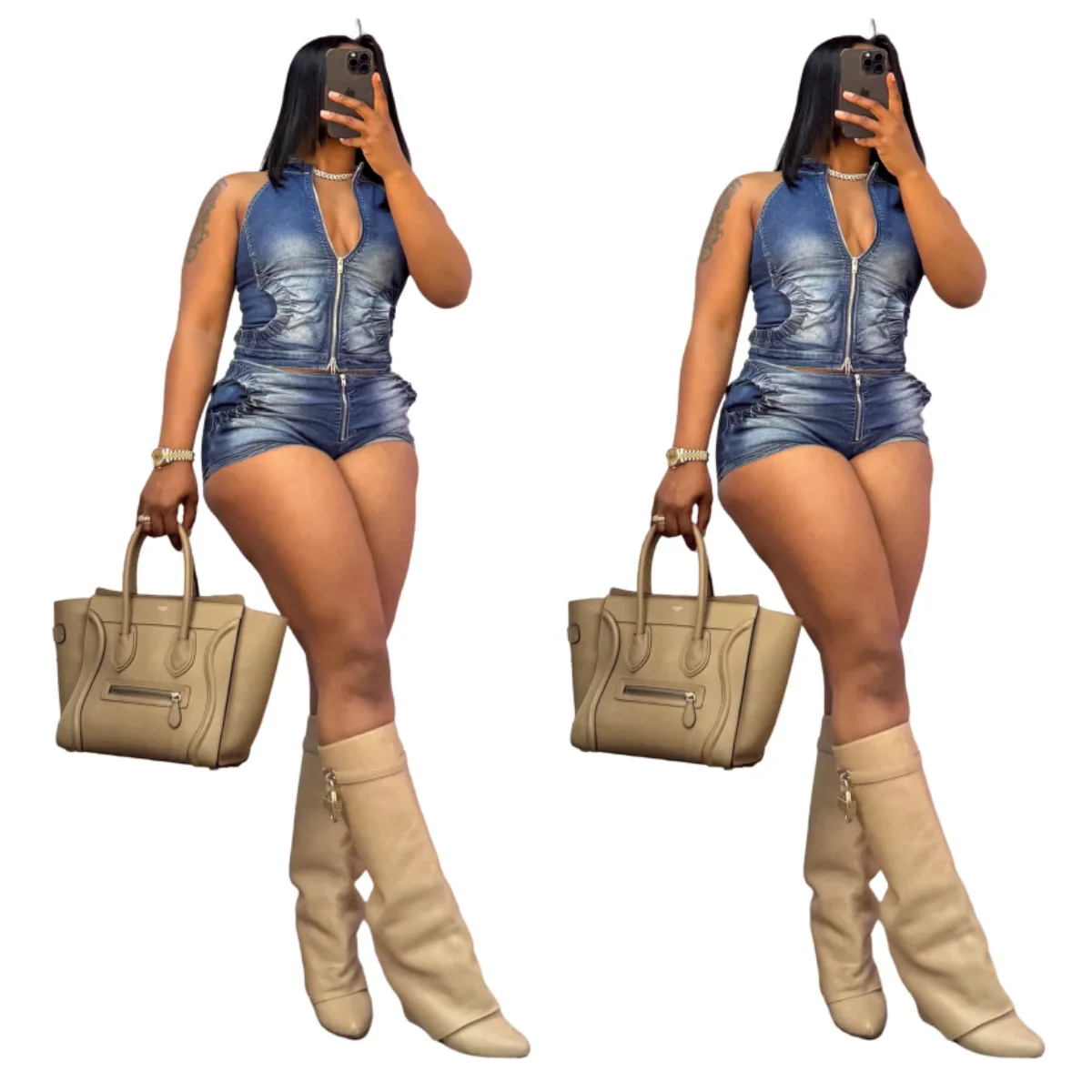 Set Dua Potong Musim Panas 2025 Wanita Denim Melar Modis Baru. Atasan Tanpa Lengan Kerah Tegak Ritsleting Slim-fit + Celana Pendek Ketat