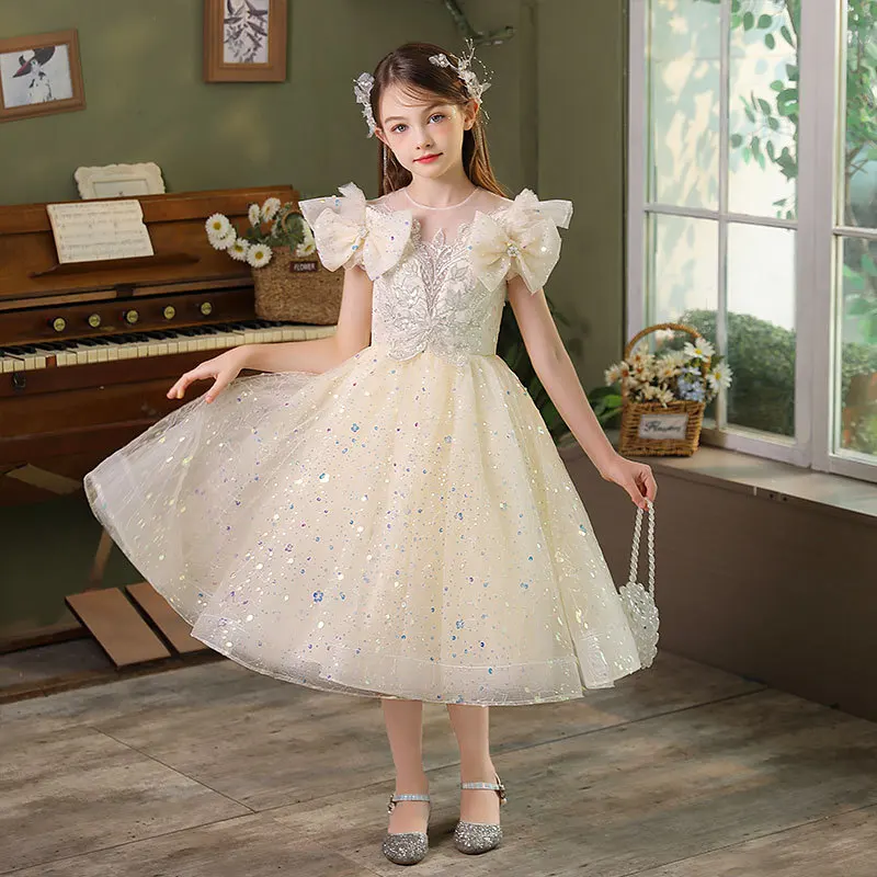 2024 Children's Princess Evening Gown Fashionable Sequin Bow Design Wedding Birthday Baptism Easter Eid Party Girls Dresses