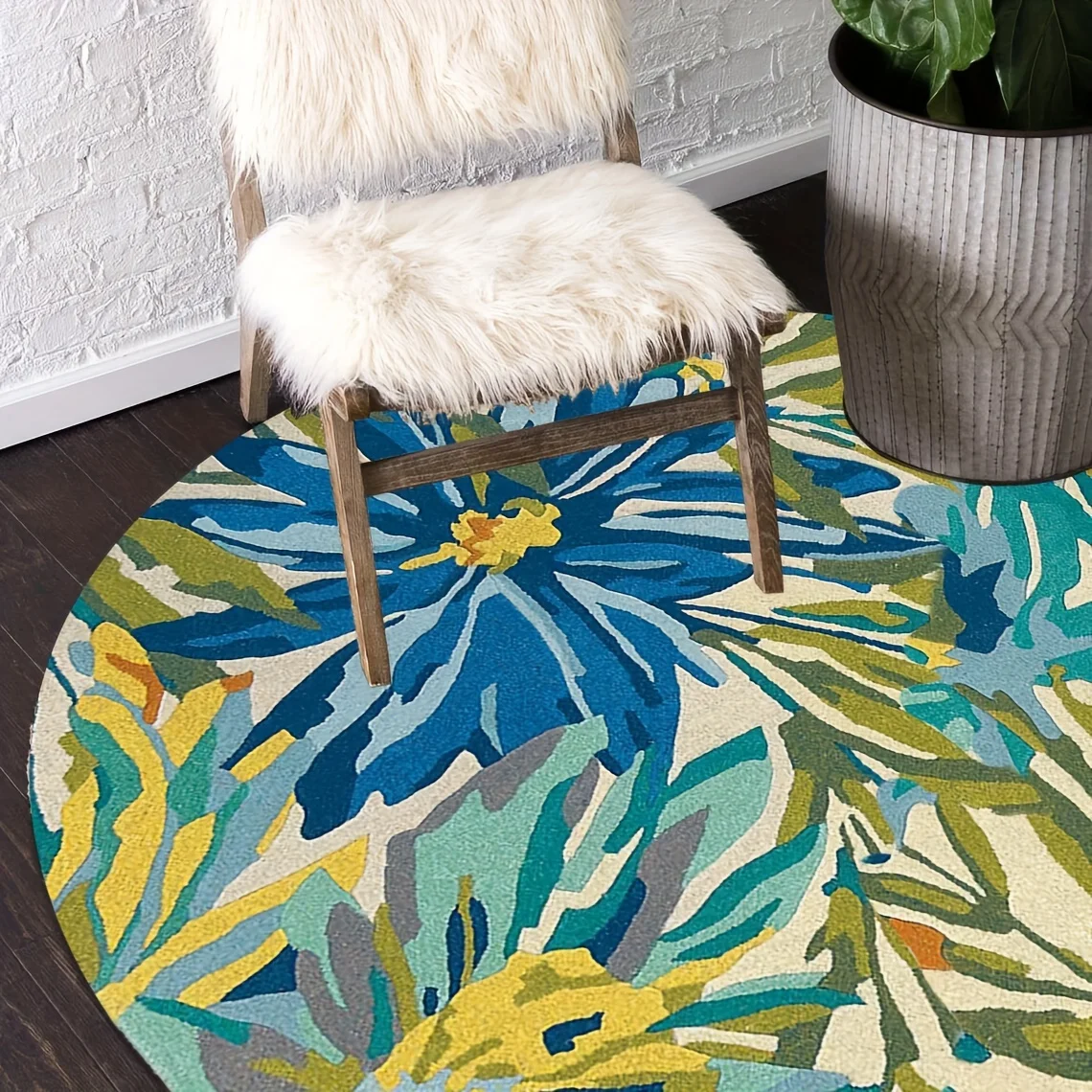 Floral Round Rug Flannel Soft Non Slip Living Room BedroomDecor Blue Yellow Green Flower Pattern Area CarpetHome Office FloorMat