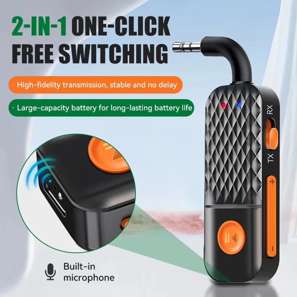 

AUX Bluetooth 5.4 Беспроводной аудиоадаптер 2 в 1, приемник-передатчик Hi-Fi стерео музыка 3,5 мм микрофон для автомобиля, самолета, ТВ, ПК, динамик