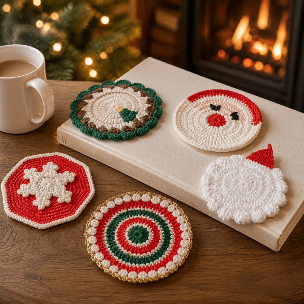 Crochet Non Slip Christmas Coaster Knitted Handmade Drink Coaster Yarn Crochet Table Mat Gift for Family
