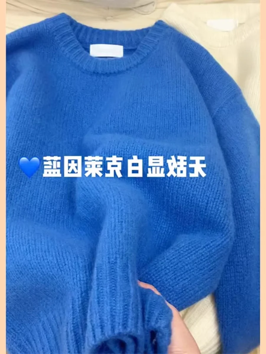 Suéter F de Tricô sso e io em Azul Profundo, Estilo Coreano, Pulôver de Gola Redonda, Confortável para Outono e ...