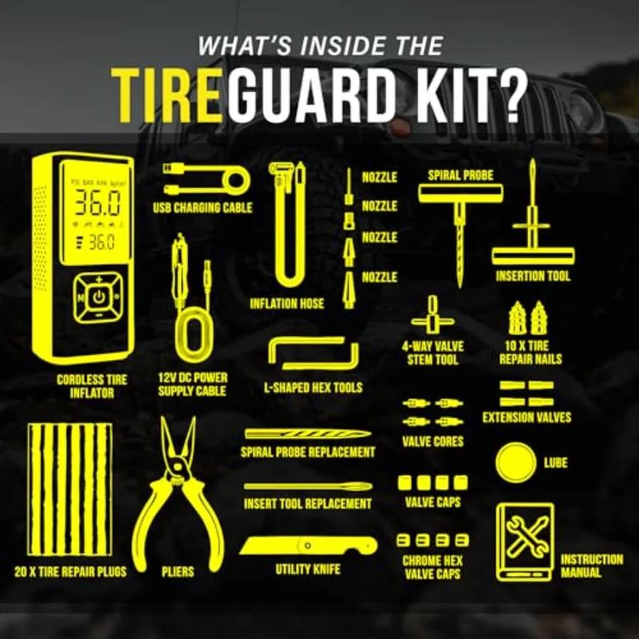 All-in-One Tire Repair Kit with Air Compror 150 PSI Portable Cordl Tire Iator and Plug Kit Flat Tire Emergency Roadside Kit for