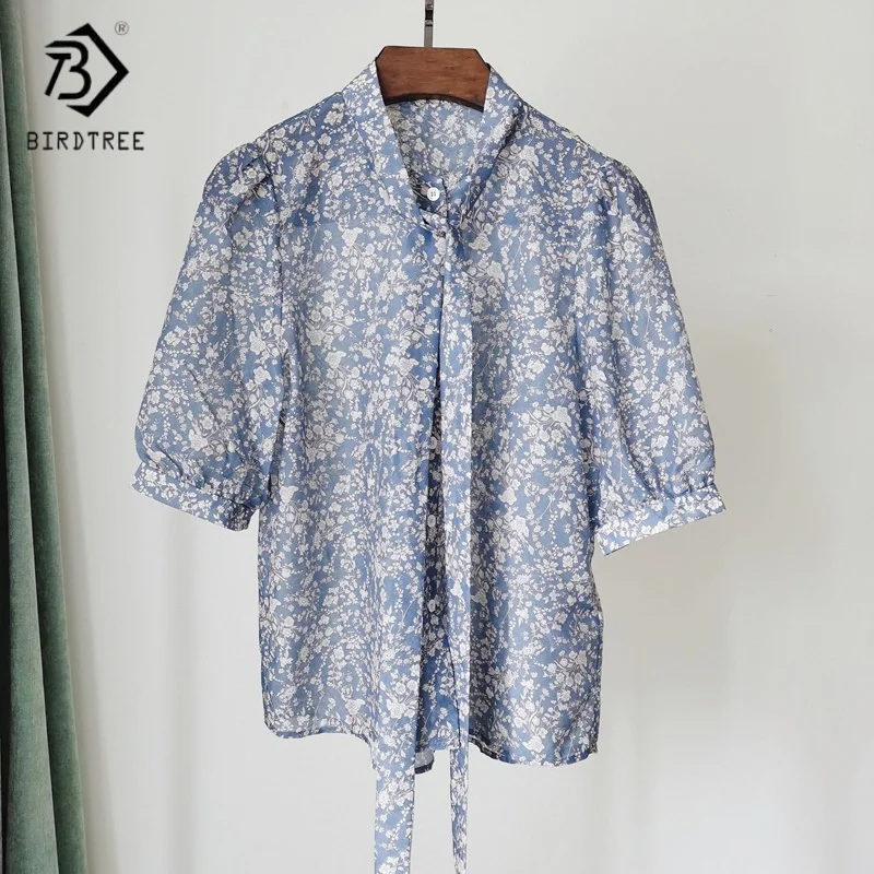 

Birdtree,30% Mulberry Silk 70% Cotton Blouse,Women's Floral Ribbon Shirts,Half Sleeve Elegant Tops,2025 New Retr Shirt T5D321JF