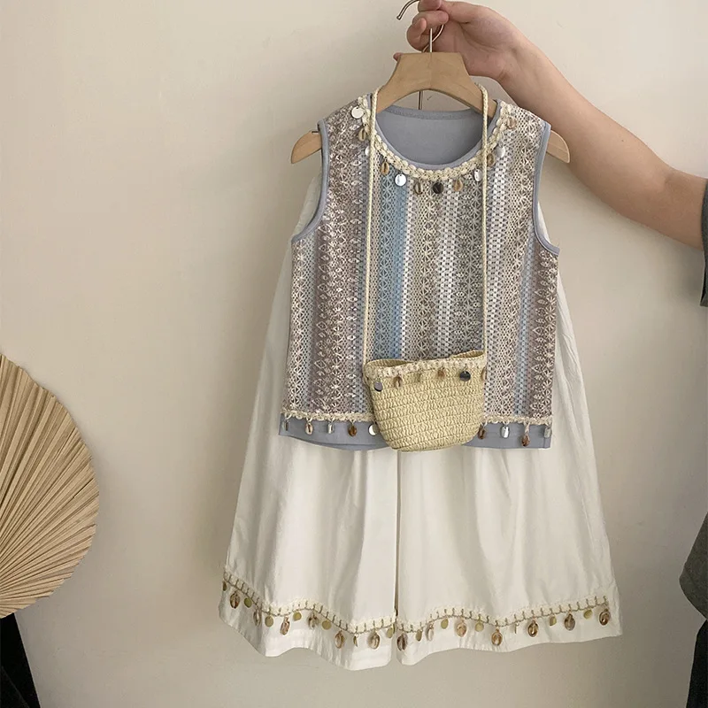 

Girls' suspender dress summer new children's embroidered vest summer dress skirt pants bag three piece set