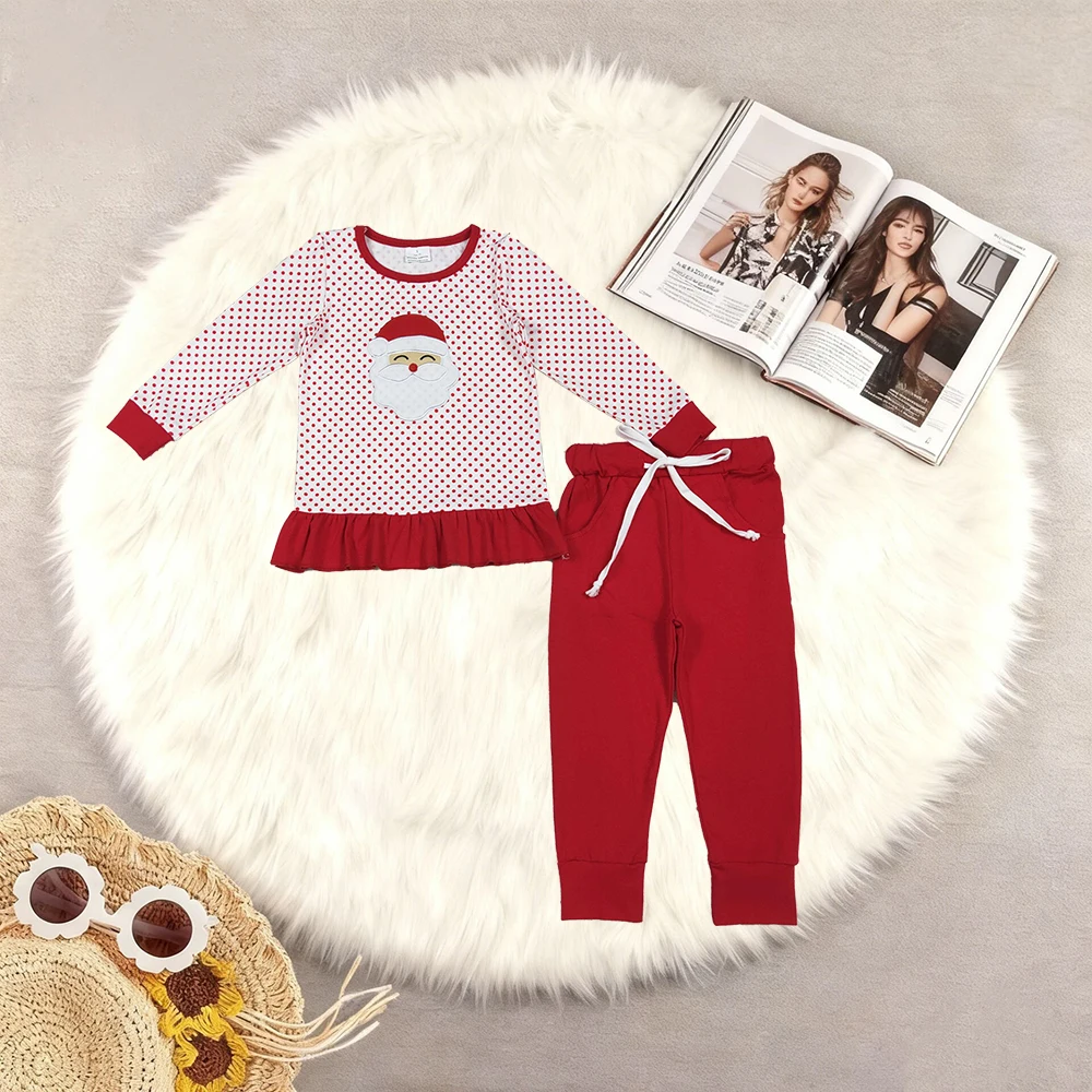 

10.13 зимняя одежда для маленьких девочек, леггинсы с вышивкой Санта-Клауса для маленьких девочек в горошек, топ с рюшами и карманами, комплект рождественской одежды