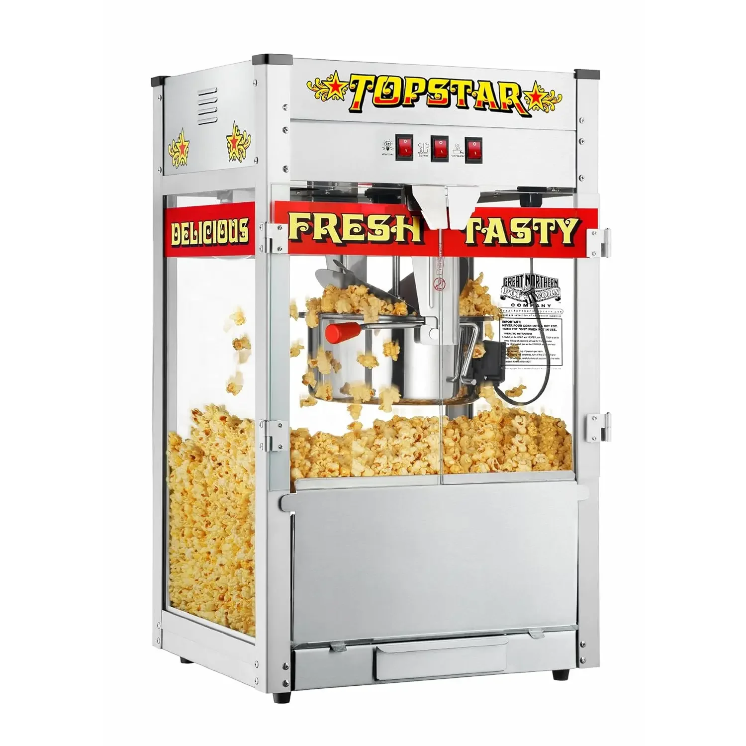 Star Popcorn Machine - Stainless-Steel Kettle, Reject Kernel Tray, Warming Light, and Accessories by Great Northern Pop