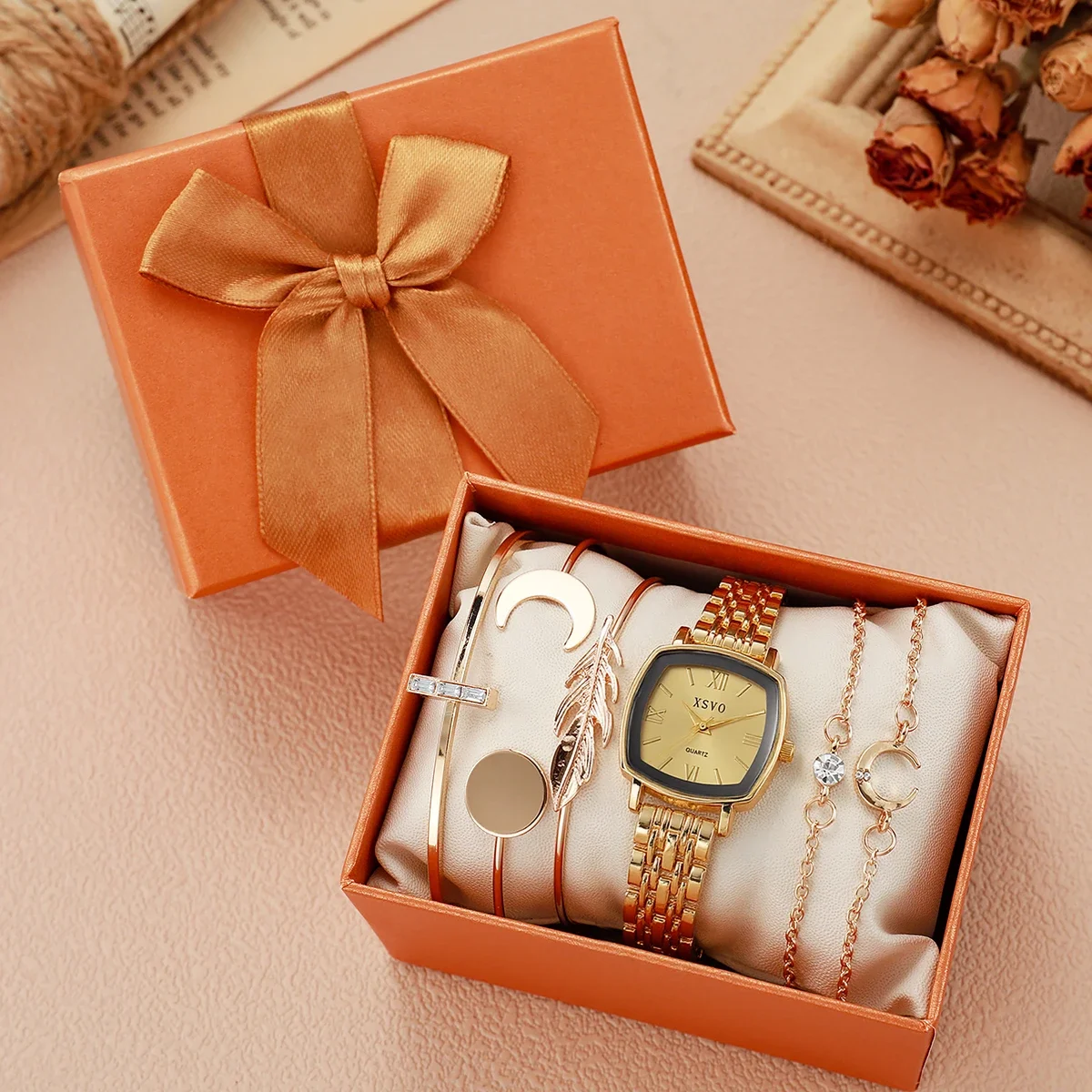 Juego de 6 pulseras de reloj de cuarzo para mujer, material de aleación con esfera cuadrada, moderno y elegante, adecuado para Acción de Gracias