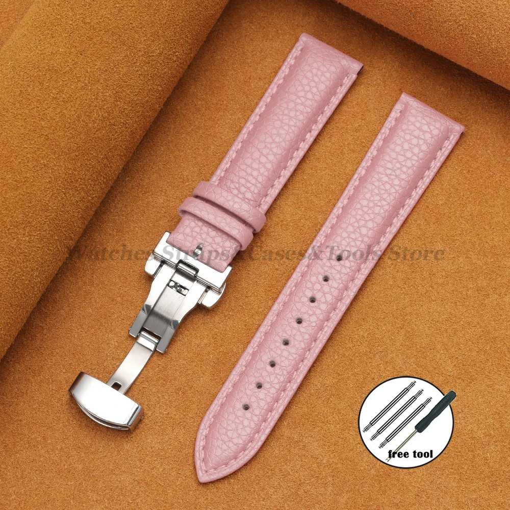 Echtes Kalbsleder-Litschi-Leder-Uhrenarmbänder 16/18/19/20/21/22/24 mm für Seiko für Omega Business Herren Damen Schmetterlingsschnallenarmband