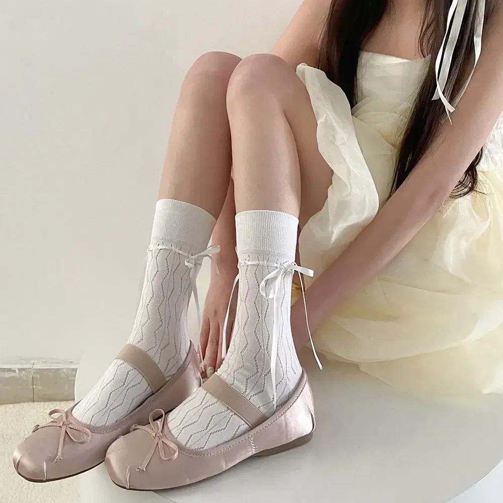 

Socks Women Bow Straps Hollow Solid Color Spring and Autumn ballet Socks Middle Tube Ribbon Casual Socks for Women