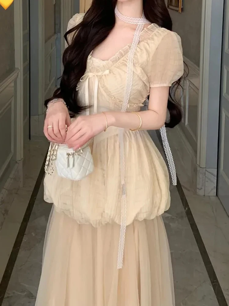 

Милая футболка и юбка, комплект из двух предметов с пышными песочками и цветочным бутоном на талии, новое летнее поступление для женщин