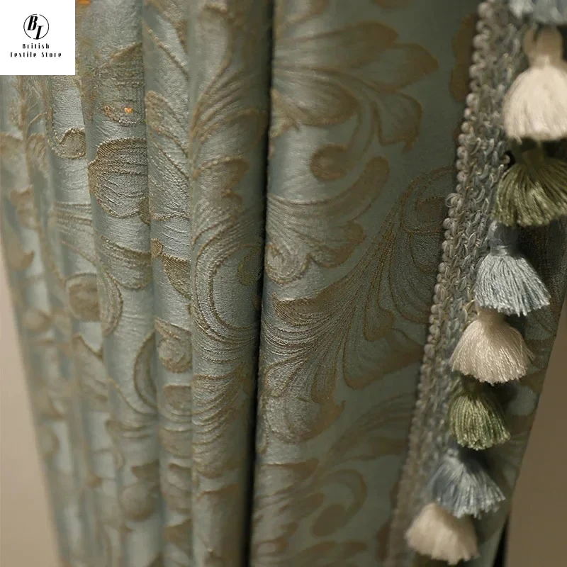 

Custom Size！！French Retro Blue Gray Relief Jacquard Thickened Blackout Curtains for Villa Living Room Bedroom Window Decor