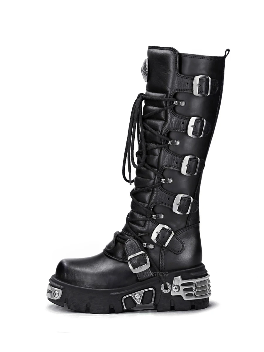 

Мотоциклетные ботинки в стиле рок-панк до колена в темном стиле с круглым носком и толстой подошвой из натуральной кожи, однотонная модная пикантная женская обувь, новинка