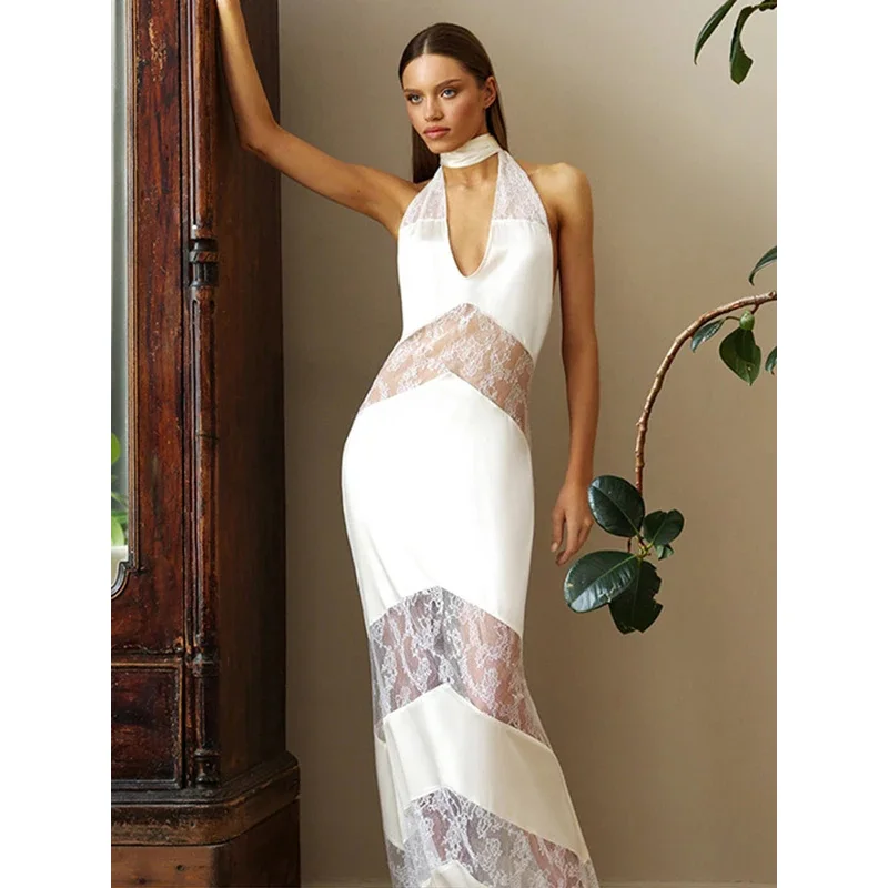 Bonny VคอBackless Maxiชุดลูกไม้Patchwork Halterเซ็กซี่ปาร์ตี้ 2025