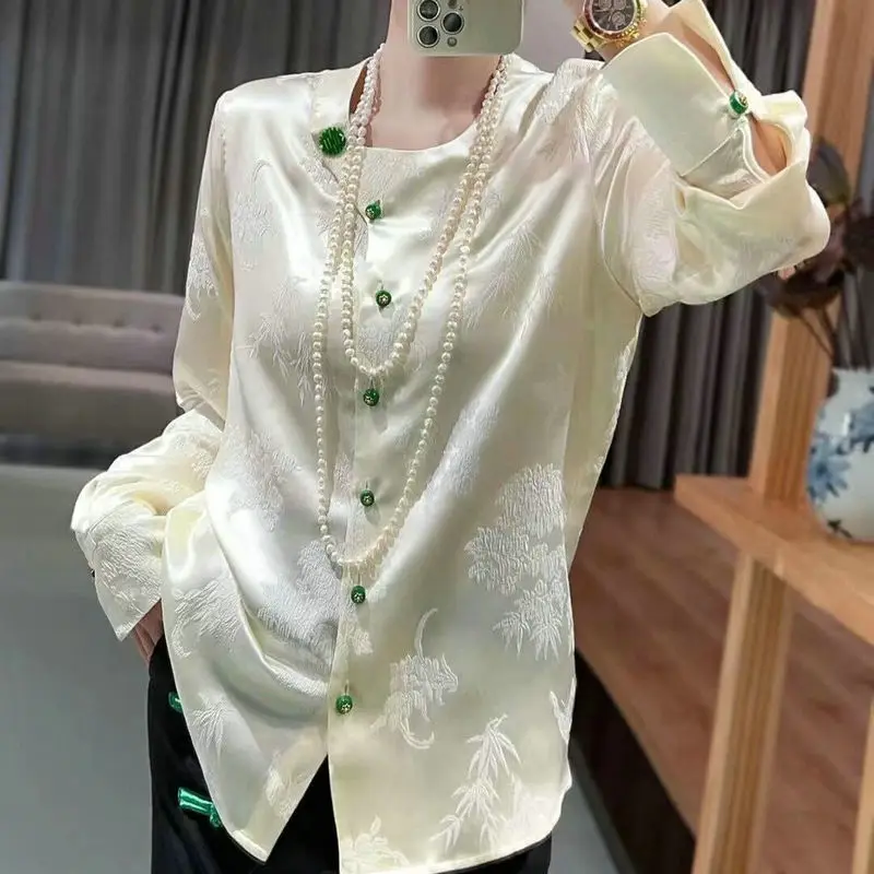 Street Style Fashion Asymmetry Single Breasted Silk Shirt Women's 2023 Spring And Summer New O-Neck Long Sleeve Top M-XL