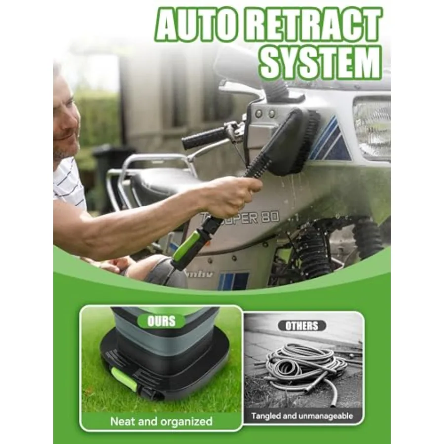 Портативная мойка высокого давления с резервуаром для воды 3,2 галлона, автоматически втягивающий шланг с замком любого длины для мойки автомобилей без остановки, очистка катушки HVAC Pe