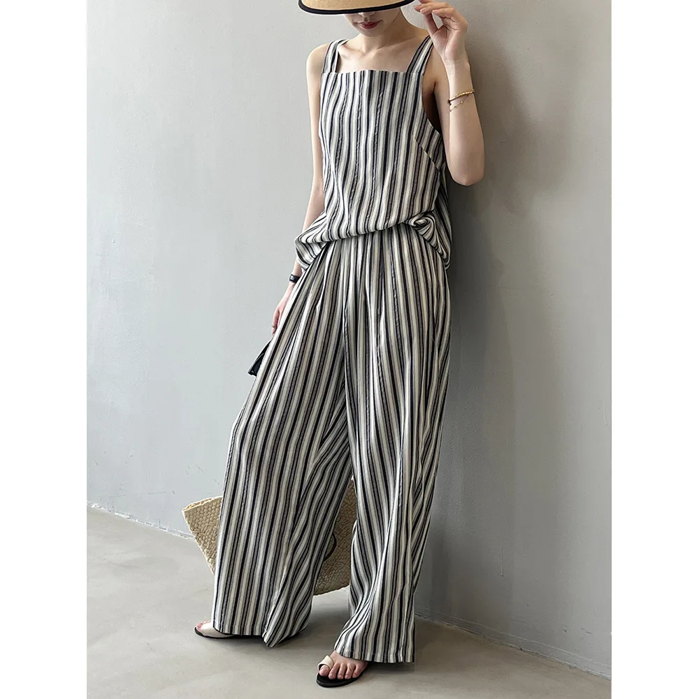 

Women Clothes Fashion Simple Striped Suit 2024 Summer New Vest and Straight Pants Women Casual Loose Temperament Two Sets