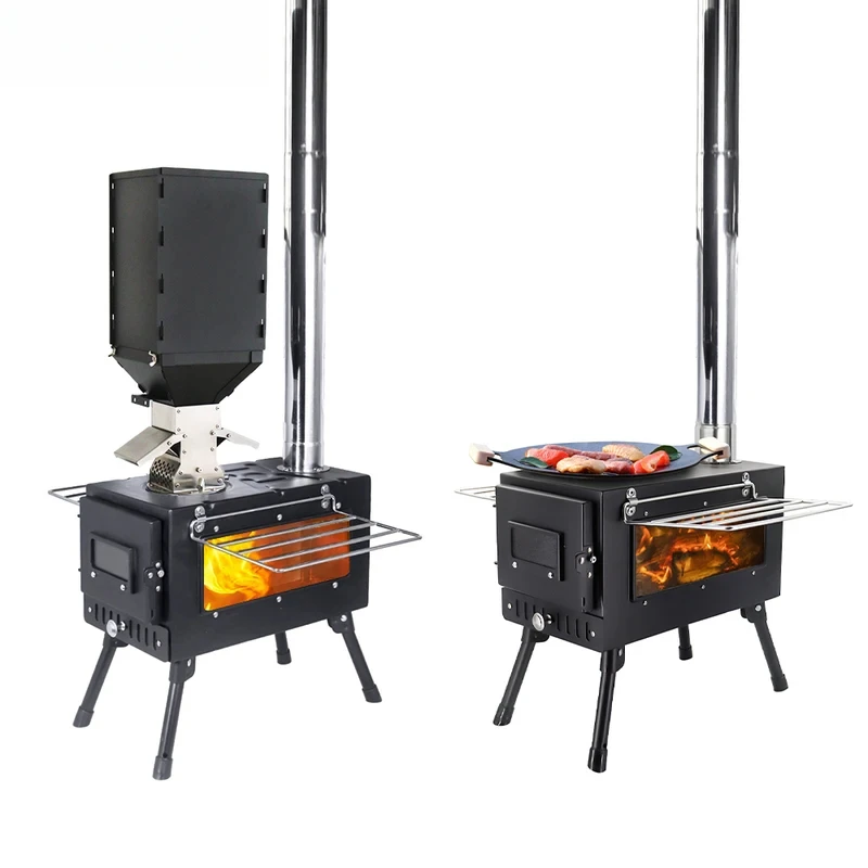 Portable windproof outdoor pellet fire wood heater with burner stove bin for camping tent