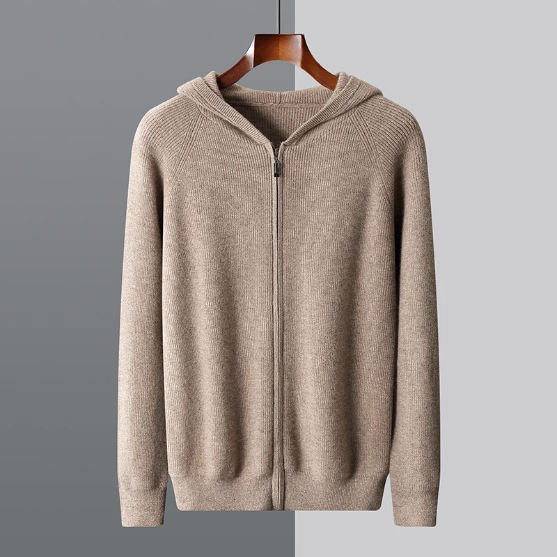 Autumn and winter new 100% Merino wool thick cashmere hoodie men's coat Zipper cardigan sport hoodie hoodie sweater knit