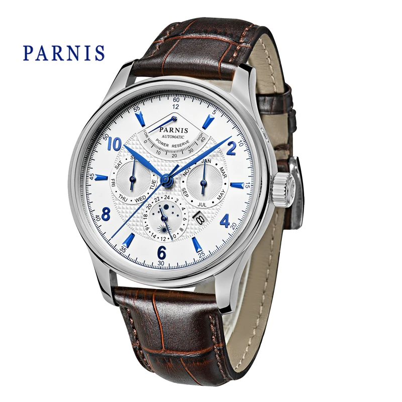 2024 New Fashion Parnis 43mm Silver Case Automatic Men Watch Sapphire Crystal Moon Phase Miyota 9100 Mechanical Watches For Men