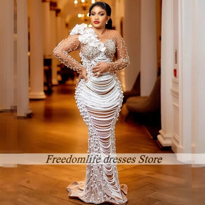 

Luxury Evening Dresses Long Sleeves Scoop Neck Pearls Tassel African Mermaid Party Dress Nigerian Flowers Prom Gowns Customized