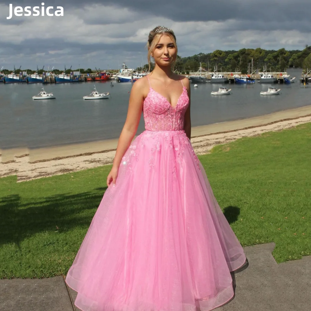 Jessica  Pink Embroidery Prom Dresses Sweet Glitter Tulle Evening Dresses Wedding Dress Formal Party Dresses Vestidos De Noche