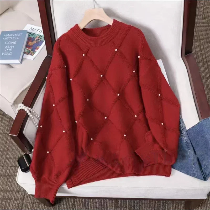DAYIFUN Winter Autumn Sweater Female Vintage Women O Neck Nailed Bead Ringer Jumpers Loose Long Sleeve Knitted Pullover Top 2023