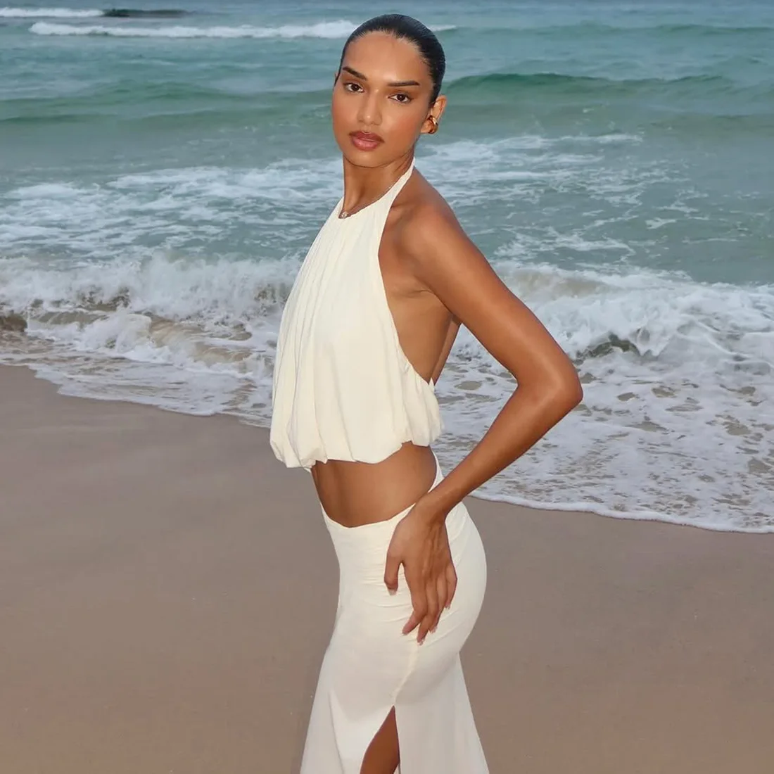 White Halter Ruched Top and Maxi Skirt Set Asymmetric High Low Waist Backless Sleeveless Cocktail Party Elegant Stylish Outfits image 4