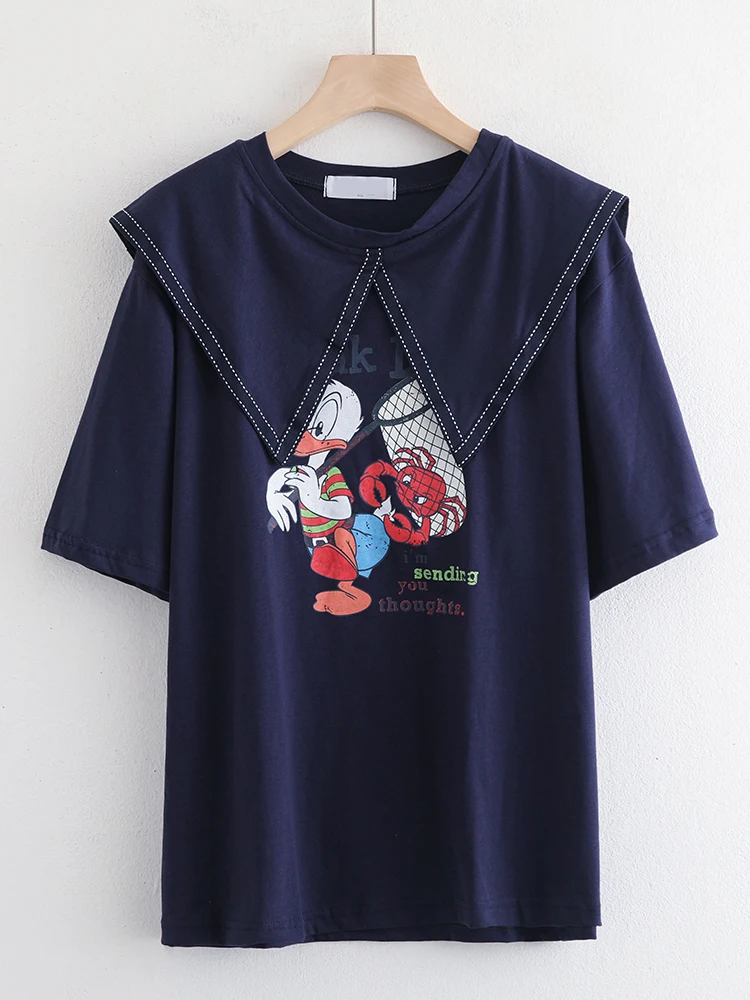 

Летняя хлопковая футболка ort Sve, повседневная темно-синяя футболка средней длины с воротником из мультфильма, женская удобная футболка свободного покроя irt