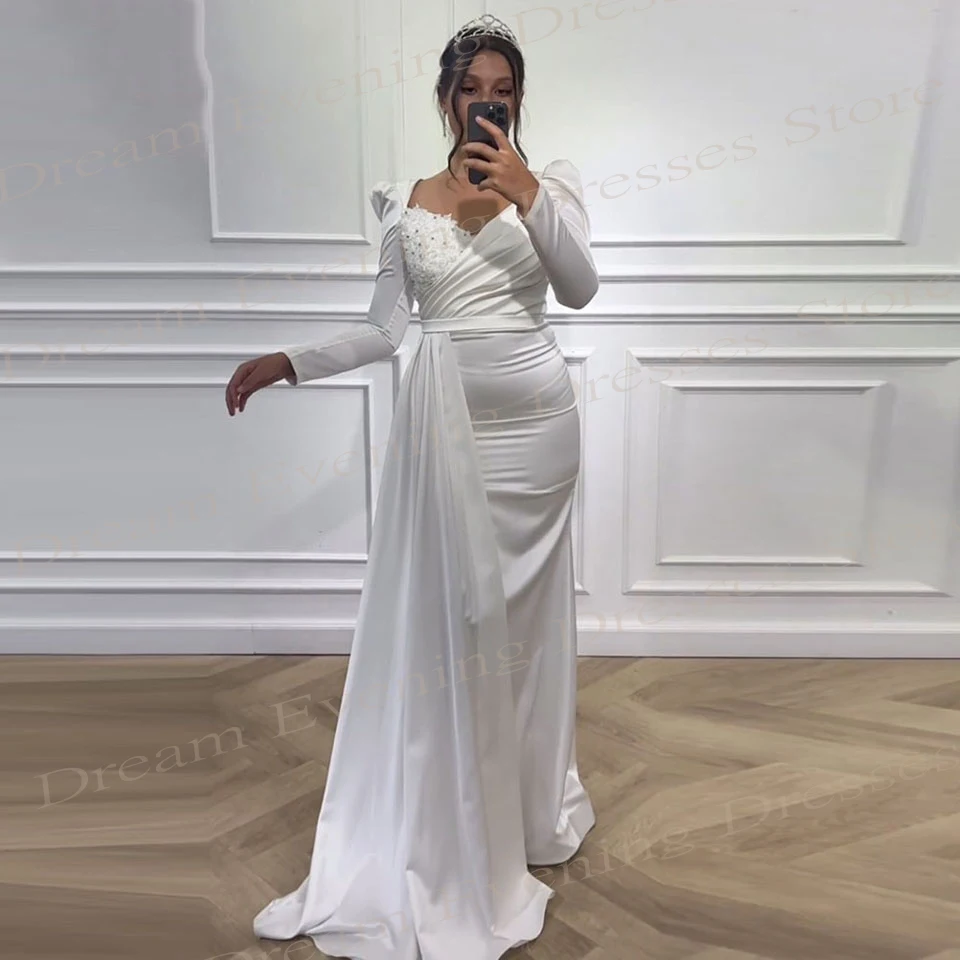 Popular Pretty White Women's Mermaid Modern Evening Dresses Charming V-Neck Crystal Prom Gowns Long Sleeve Beaded Robe De Soiree