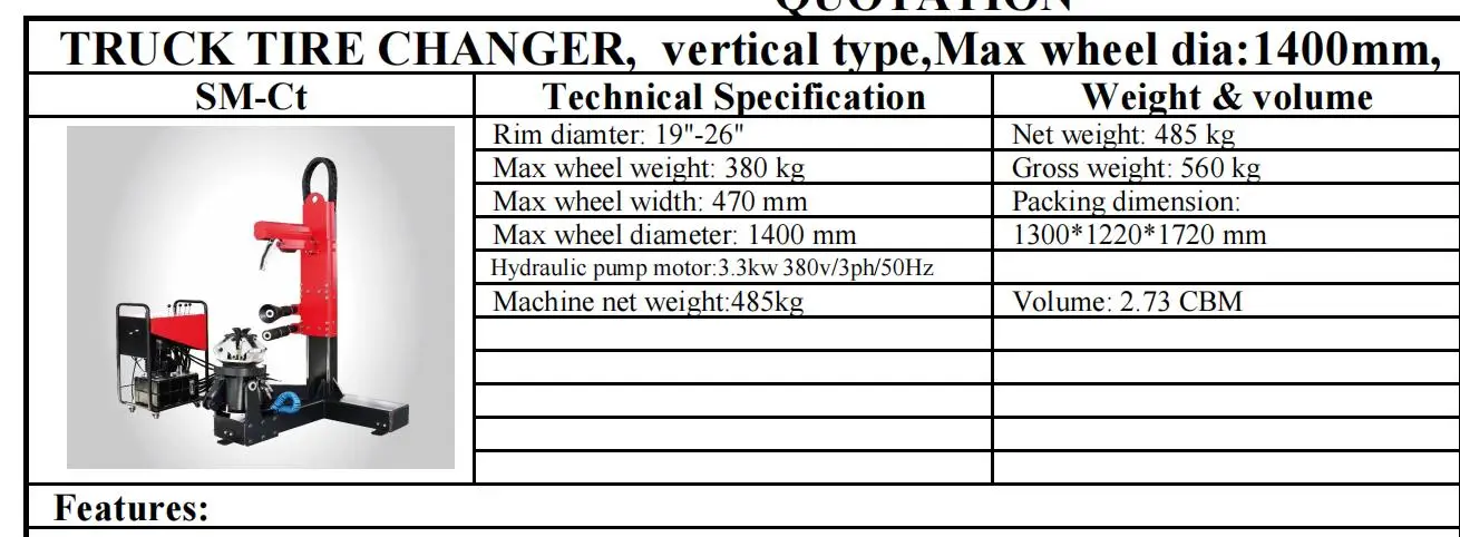 Truck tire changer vertical type Max wheel dia 1400mm SM-CTv