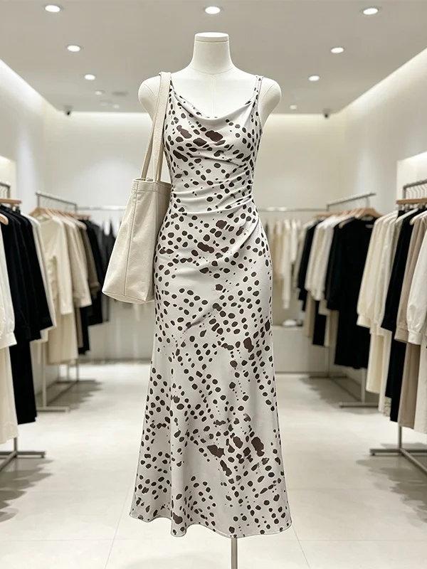 

Summer New plus Size Women's Slim Fit Sleeveless Swing Neck Polka Dot Strap Long Dress Commute Style Soft Fabric Breathable