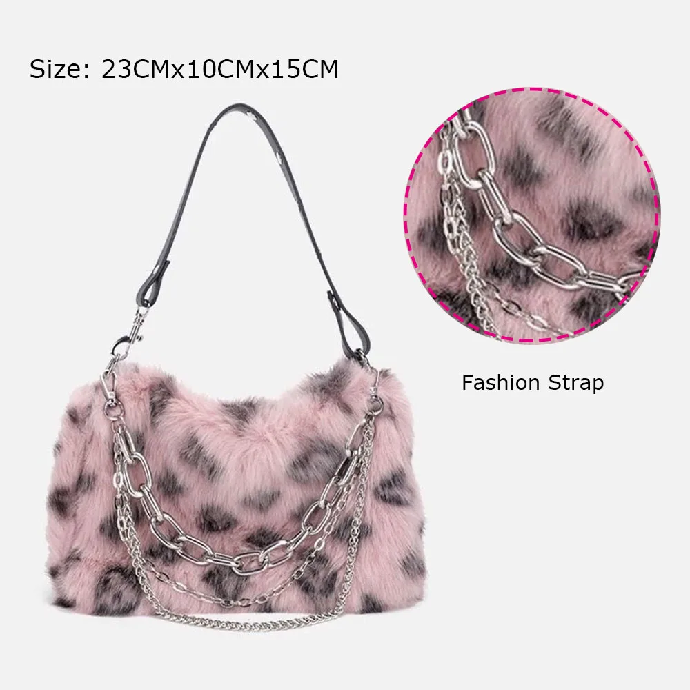 Women Faux Fur Winter Fashion Shoulder Bag Leopard Print  Clutch Purses Fluffy Plush Female Handbags  with Chain Strap