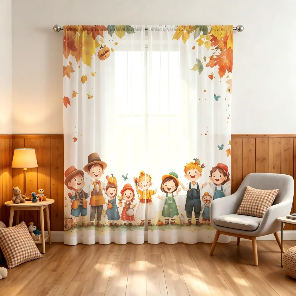 2PCS Digital Print Sheer Curtain, Harvest Buddy Friend, Autumn Thanksgiving Fall - Voile Drapes for Bedroom Living Room Decor