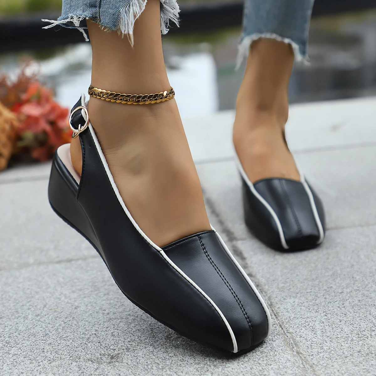 Women Sandals French-Inspired Square Toe High-Heeled Sandals Elegant Slingbacks Party Outdoor Shoes Platform Wedge Shoes Women