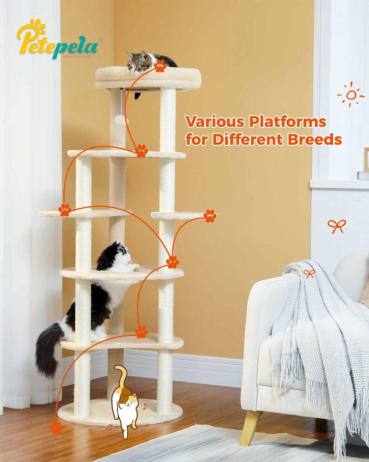 

Cat Climbing Tower Cat Tree for Indoor Cats with 9 Sisal Scratching Posts Circular Play Floor and Replacable Dangling Ball Perch