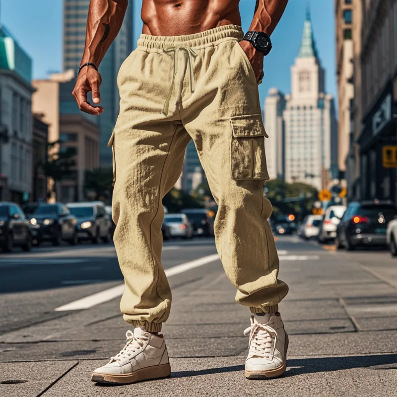 

Calças de linho de algodão masculino casual solto ajuste elástico cordão cintura verão praia calças jogging correndo andando rou