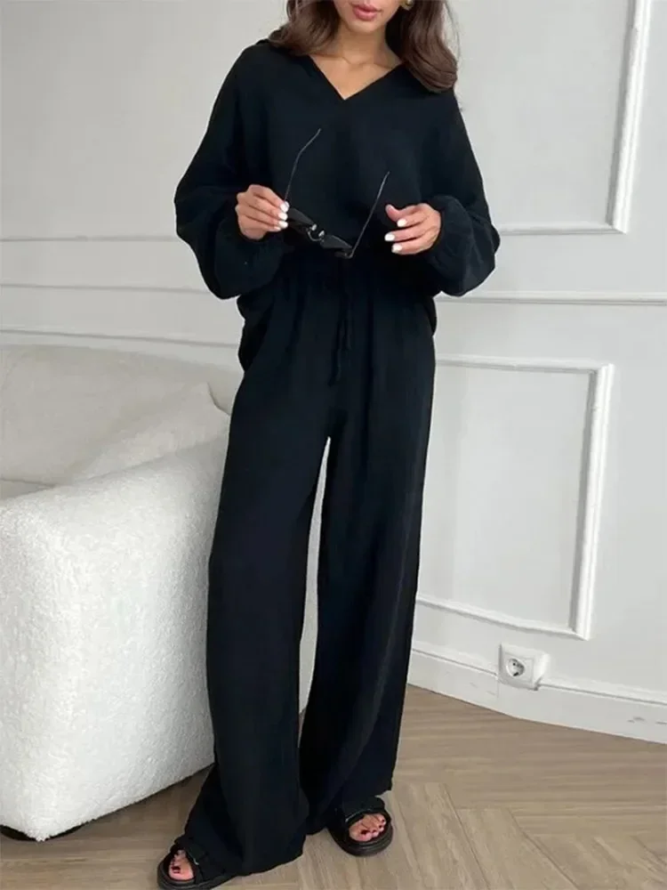 Casual Turn-down Collar Pants Suit Women Long Sleeve Loose Tops Lace Up Wide Leg Trousers Set 2024 Spring Lady 2-pieces Outfits