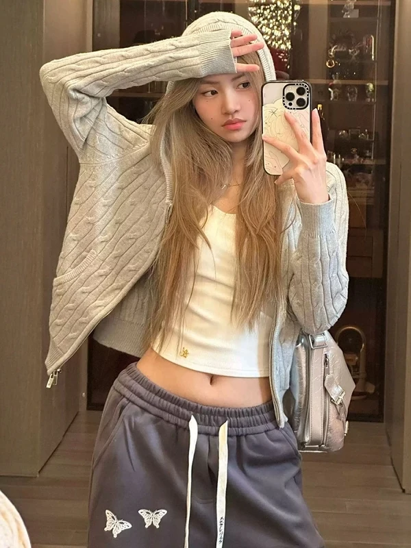 

Korean ey Twisted Double Zipper Knitted Sweater ort Jaet Women's Spring Autumn Slimming Lazy Sle Soft Mellow Open Car...