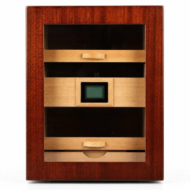 Vintage Spanish Fir Cigar Box Cabinet with 3 Drawers Luxury Piano Lacquer Finish Digital Hygrometer Humidor Storage Case for