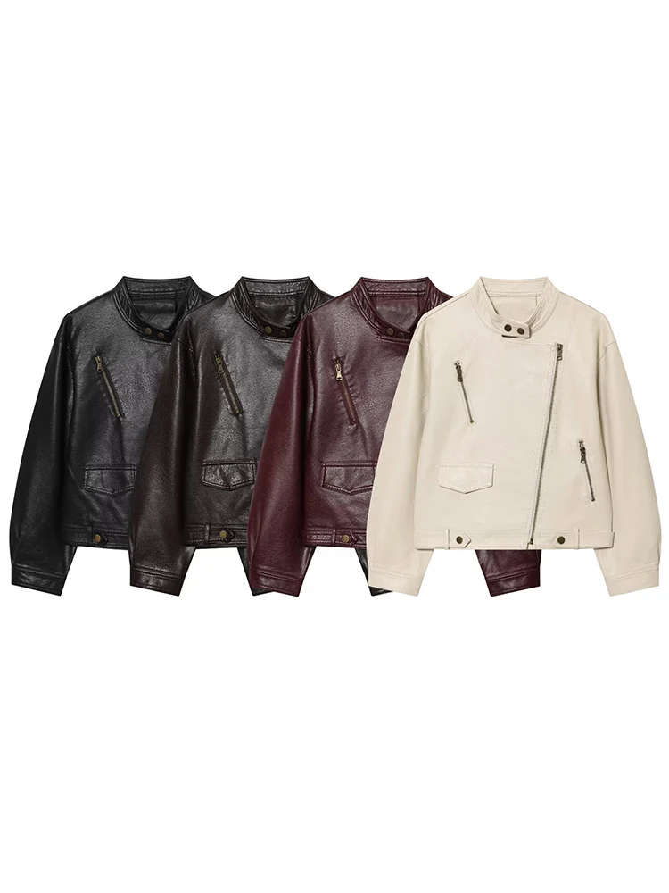 

Новая женская модная универсальная однотонная однотонная куртка из искусственной кожи с длинными рукавами и косой молнией в европейском стиле