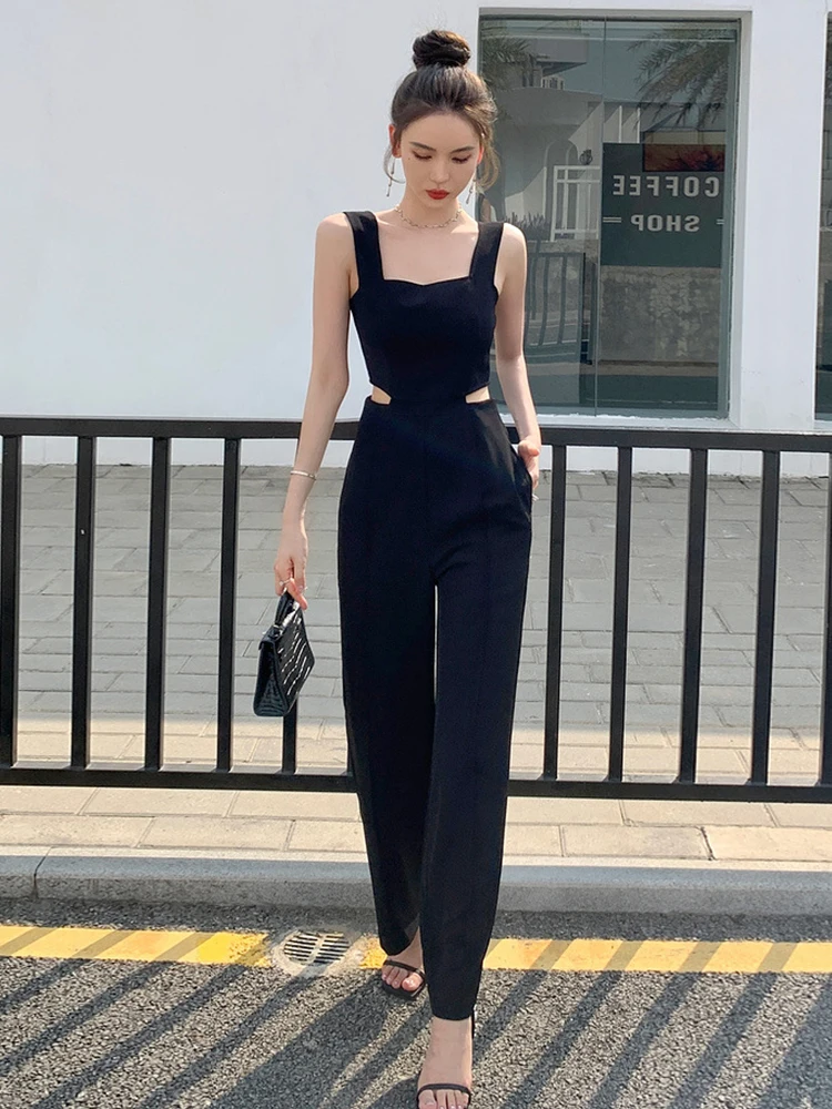 Y2K Fashion Elegant Women Jumpsuits Chic Black Hollow Sexy Strap Backless Party Beach Femme Mujer Wide Leg Loose Rompers Summer