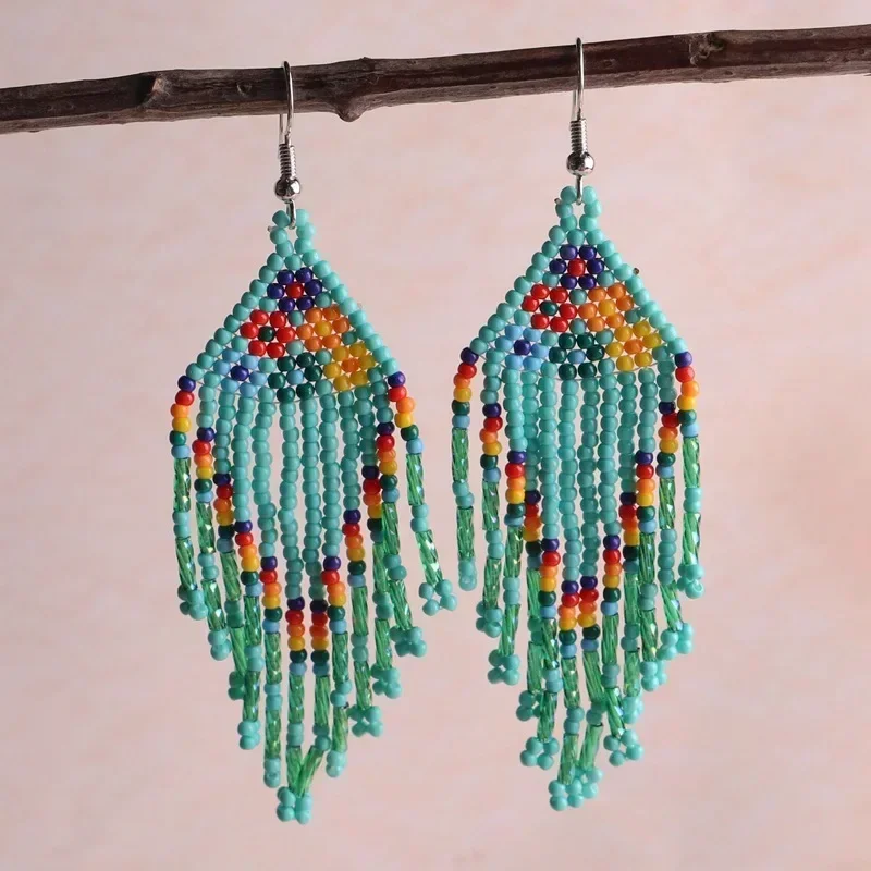 Beaded earrings Tassel Intersperse Astral Hand knitting Gradient Bohemia Alloy Tide Simple Rice bead earrings