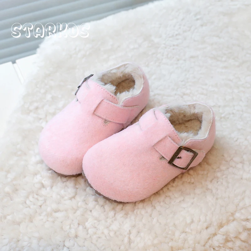 Pink Fleece Felt Loafer Baby Kid Winter Thick Fur Flat Shoes Toddler Girl Soft Wool Moccasin Boy Brand Design Warm Plush Zapatos