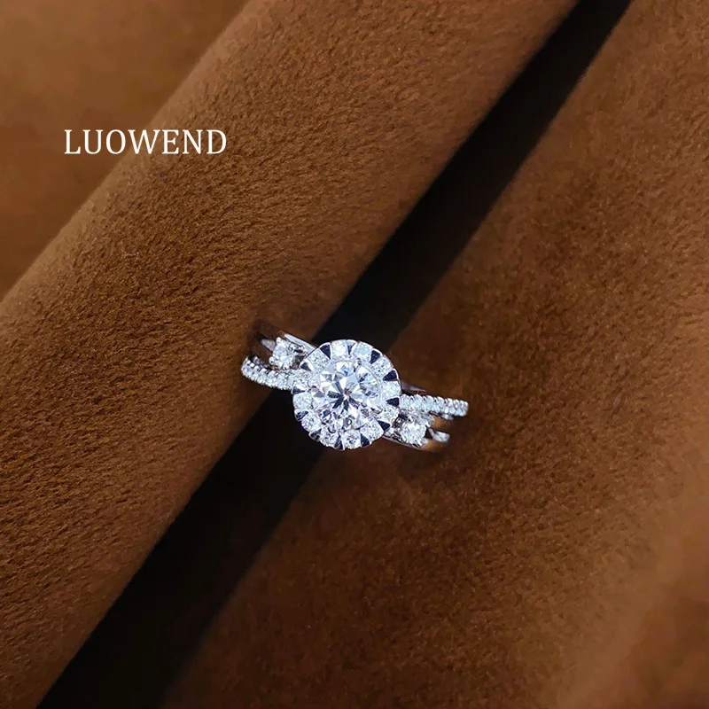 LUOWEND 100% 18K White Gold Rings Luxury Classic Design Real Natural Diamond Engagement Ring for Women High Wedding Jewelry