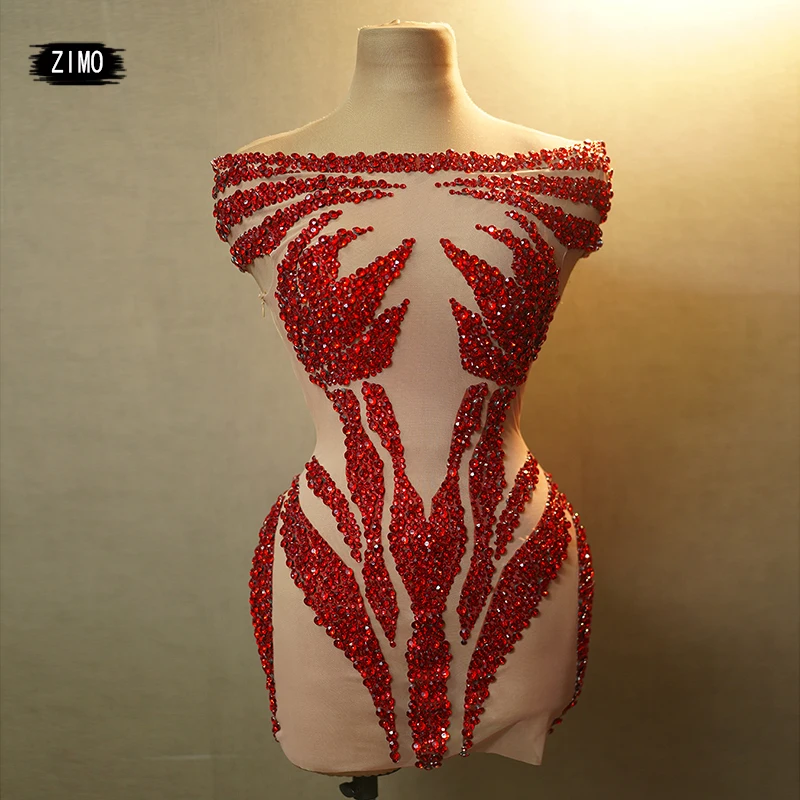 Sparkly Luxury red Rhinestones dress See through sexy mesh club Prom Gown Celebrity Stage Wear Birthday Party Drag Queen Outfits