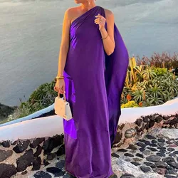 Women Slash Neck Backless Irregular Evening Dress Elegant Solid Color Party Dress Summer Sleeveless Silk Satin Temperament Dress