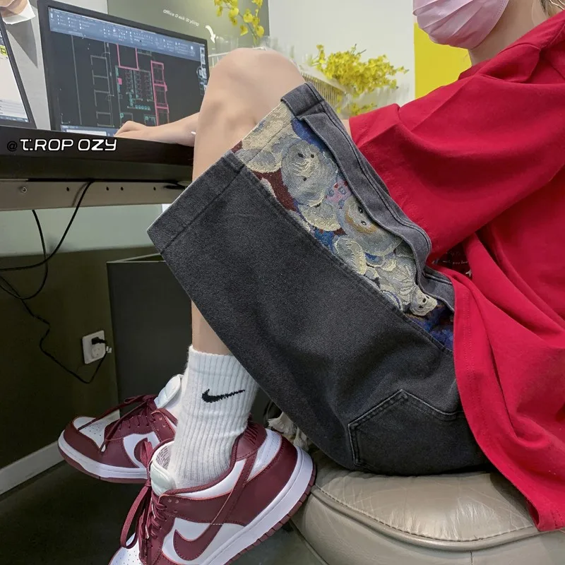 

Bear Embroidery orts Men's Summer Thin Loose Five-Quarter Casual Jeans Teenage American Retro Trendy Brand Denim Pants