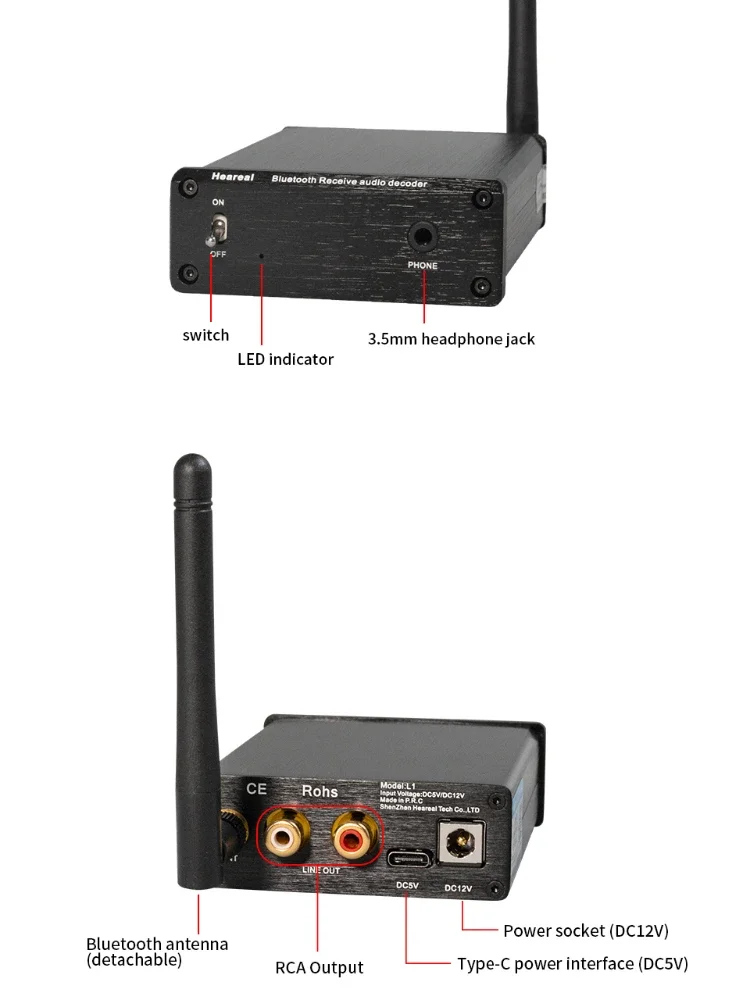 Heareal L1 Wireless Bluetooth HIFI Headphone Audio Lossless Ldac/APTX-HD DAC Receive Adapter for Power Amplifier Active Speaker