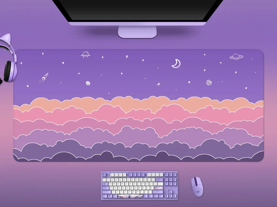 Kawaii Deskmat purple Cute Mousepad aesthetic Violet lavender cloud sky moon kawai XXL large rgb led gaming desk mat mouse pad